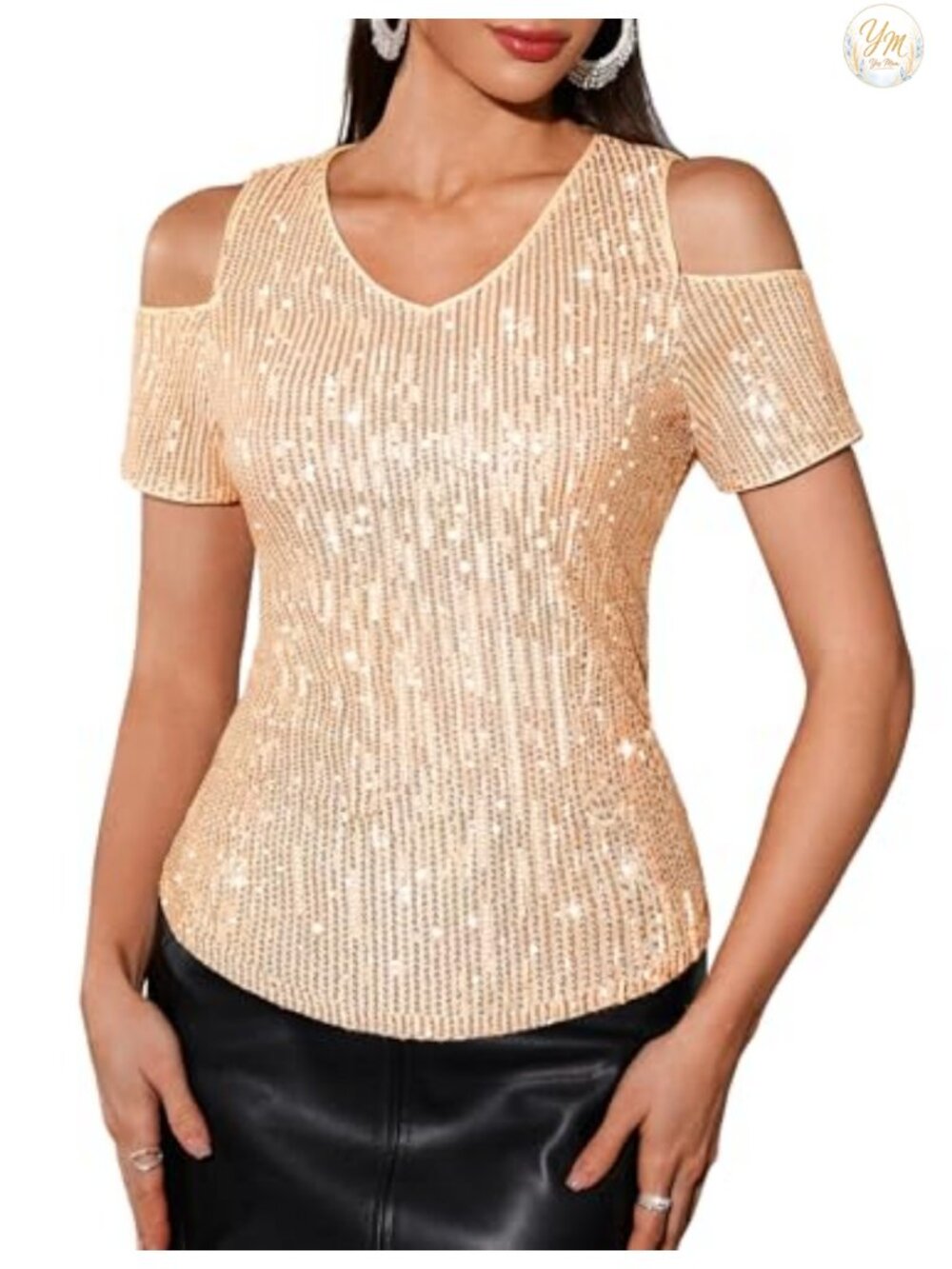 Sequin Sparkly V-Neck Short Sleeve Top Glitter Party Club Shirt